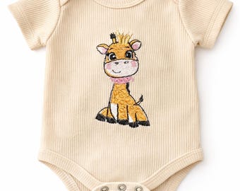 Embroidered Giraffe Baby Onesie | Neutral Safari Animal Outfit, Cotton Blend Newborn Gift