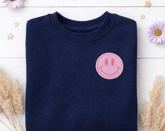 Embroidered Smiley Face Sweatshirt | Kids & Adult Matching Crewneck Outfit