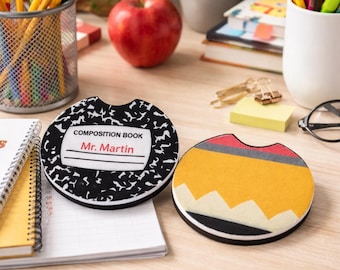 Personalized Teacher Car Coasters | Composition Notebook & Pencil Design