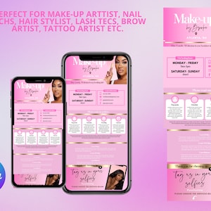 May include: A pink and gold promotional graphic for a makeup artist, displayed on three smartphones. The graphic includes the text "Make-up by Brooke, Atlanta, GA," service details, and the phrase "Tag us in your selfies." The Canva logo is visible.