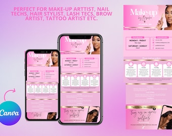 Puede incluir: Gráfico promocional rosa y dorado para una maquilladora, mostrado en tres teléfonos inteligentes. El gráfico incluye el texto "Make-up by Brooke, Atlanta, GA", detalles del servicio y la frase "Tag us in your selfies". El logotipo de Canva es visible.