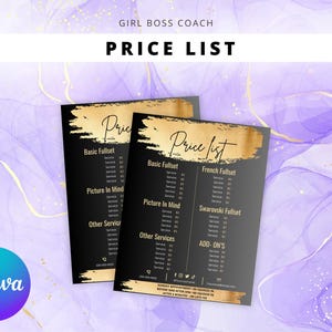 May include: A black and gold price list for a nail salon. The list includes services such as basic full set, picture in mind, and French full set. The price list also includes add-ons.