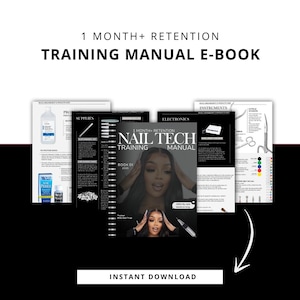 Op de afbeelding: Een digitale trainingshandleiding in e-bookformaat voor nagelstylisten. De omslag toont een vrouw met lang donker haar en een roze manicure. De titel van het e-book is "1 Month + Retention Nail Tech Training Manual".
