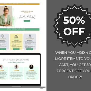 May include: A website design featuring a virtual assistant named Julie Clark. The site includes pricing plans and client testimonials. A 50% off promotion is displayed when adding 4 or more items to the cart.