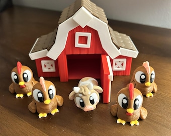 Mini Farmyard Barn Set with 4 Chickens & Cow | 3D Printed Red Barn | Cute Country Animal Figurines | Farm Decor Toy Display