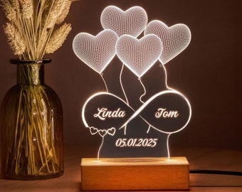 Custom Heart Shaped Balloon Night Light with Engraved Name or Message 3D Illusion Infinity Love Light For Couples Bedroom Decore