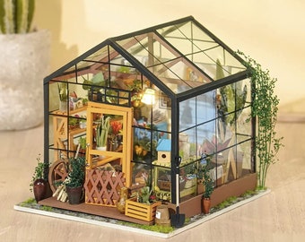 Cute Wooden Green House |Dollhouse decoration | Tiny furniture | 3D DIY Wooden House Puzzle Miniature | Home Decor | Teens & adults Gifts.