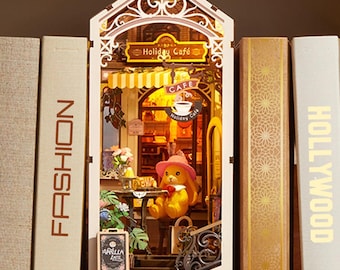 The Amber Rabbit Retreat Book Nook  – A Cozy  DIY  Miniature Holiday Café Bookshelf Insert - Miniature Diorama