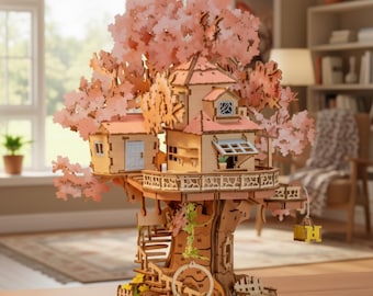 Rompecabezas de madera 3D de la casa del árbol de cerezos en flor: 535 piezas, maqueta de la casa de Sakura, montaje en 5 horas, regalo decorativo