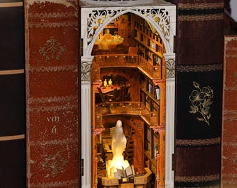 DIY Library Book Nook Kit: 3D Wooden Puzzle Bookend with LED