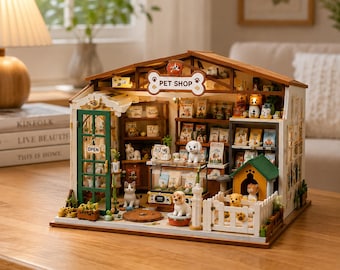May include: A miniature pet shop model kit featuring a brown wooden structure with a bone-shaped sign reading PET SHOP. The interior includes shelves stocked with pet supplies, a green door with an OPEN sign, and several small animal figurines.