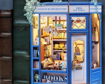 The Blue Corner Bookshop Book Nook | Literature Bookstore | 3D DIY Wooden Puzzle Miniature Bookshelf Insert