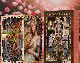 May include: A DIY book nook kit with a Sleeping Beauty theme. The kit includes a detailed miniature castle scene with a stained-glass window, a sleeping princess, and the text "Sleeping Beauty" and "DIY Book Nook". The kit is displayed with a floral background.
