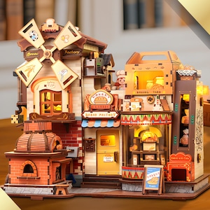 職人パン工場のブックコーナー | ベーカリー本棚デコレーション | 3D DIY木製ミニチュアハウス | 温かみのあるLEDクラフトキット