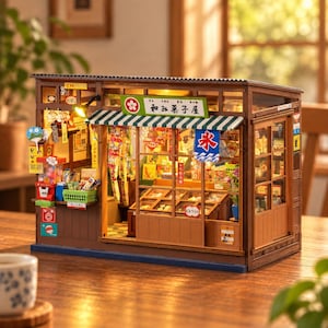 Può includere: Un modello in miniatura in legno di un negozio di dolciumi giapponese con una tenda a righe verdi e bianche, un'insegna con il testo 和み菓子屋, uno stendardo blu e bianco per ghiaccioli, illuminazione interna, vetrine e vari cartelli.
