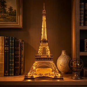 May include: A wooden model of the Eiffel Tower featuring intricate lattice cutouts and warm internal LED lighting. The structure displays the word Paris at its base and is illuminated from within, casting a soft glow through the geometric frame.