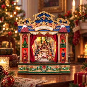 May include: A decorative wooden theatre display titled The Nutcracker's Dreamscape Adventure, featuring red curtains, illuminated interior scenes with miniature figures, nutcracker soldiers on the sides, and intricate blue and gold trim.