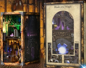 May include: A detailed diorama of a fantasy scene, lit with green and purple lights, is displayed next to a box with the text "Blade and Magic - Arcane Eye". The diorama features miniature buildings and a ladder.