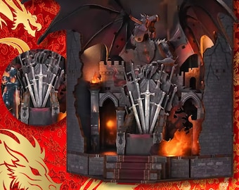 Dragon Book Nook | Dragon ’s Lair of Blades  Bookshelf Decoration | 3D DIY Wooden Miniature Kit | Light-Up Medieval Castle Diorama | Fantasy