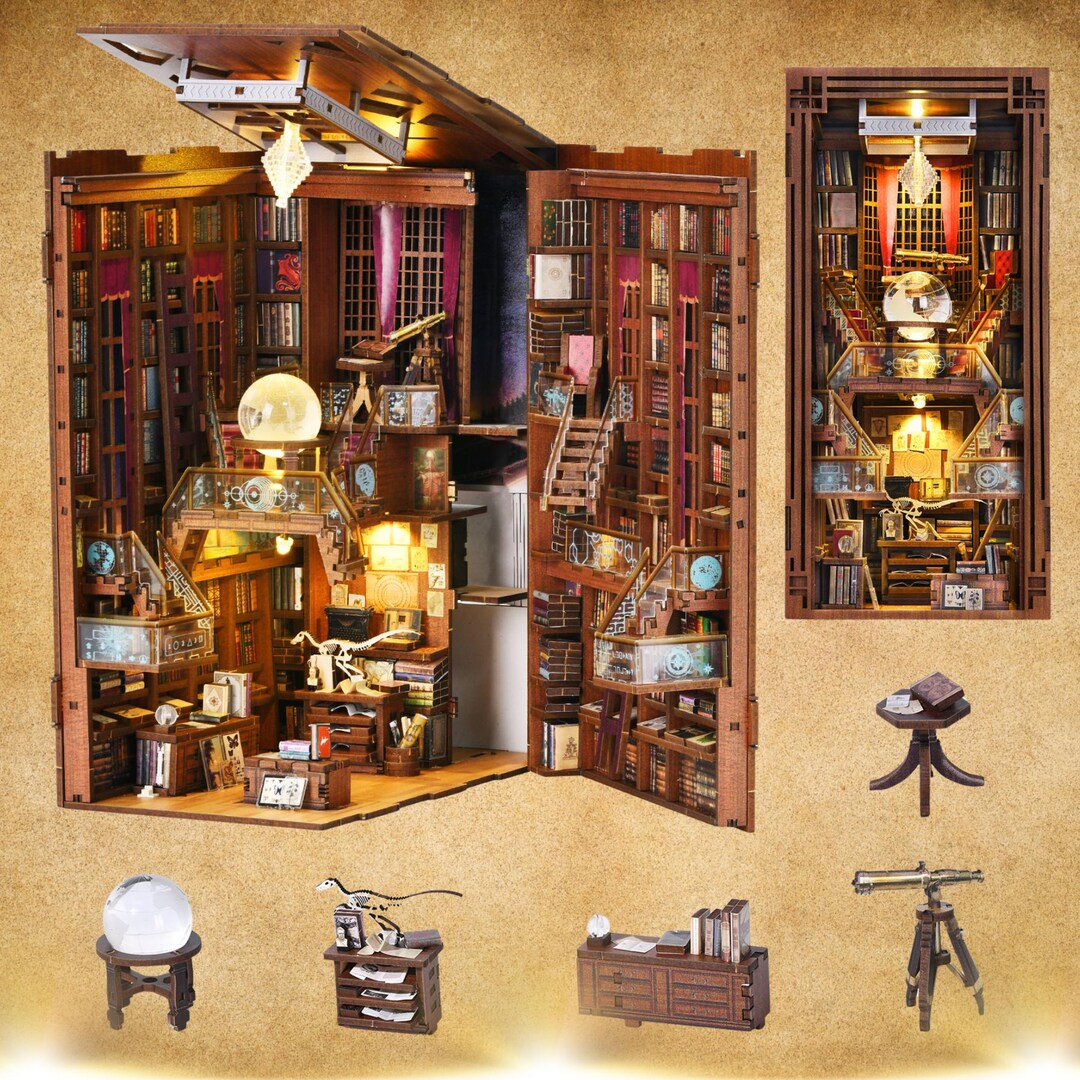 Crystal-powered Library Book Nook: 3D Wooden Puzzle Bookend - Etsy