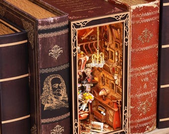 May include: A decorative wooden bookshelf with a miniature room scene inside. The room features a chandelier, furniture, and framed pictures. The surrounding books are brown and red with gold accents, creating a vintage aesthetic.