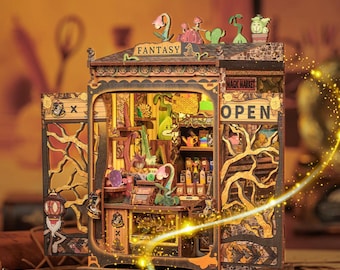 Rincón de libros Fantasy Plant Shop: estantería de madera en miniatura 3D DIY