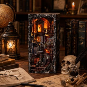 Può includere: Un inserto per libreria rettangolare con un dettagliato interno gotico, illuminazione arancione calda, archi in pietra, una croce centrale e un mucchio di teschi alla base. La cornice esterna è decorata con un motivo a ragnatela bianca su sfondo nero.