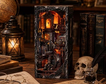 Phantom Manor Book Nook Kit with LED Light & Dust Cover – 390 Pieces Wooden Miniature Bookshelf Insert – Haunting Relics