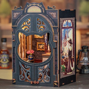 Lovely cats Book nook | Count Cat&#39;s Study Bookshelf decoration | Book ends | 3D DIY Wooden Puzzle Miniature| Perfect gift for christmas