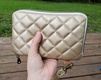 Gold Metallic Quilted Day Trip Wallet with Wrist Strap