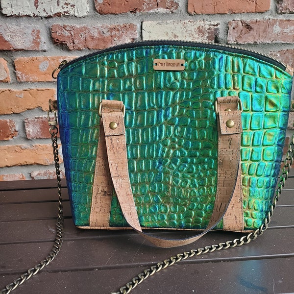 Iridescent Green and Cork "Lola" Handbag