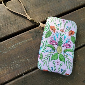 Cartera de viaje de un día con estampado de flamencos tropicales y correa para la muñeca
