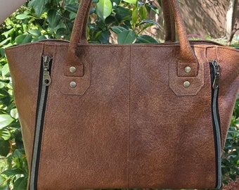 Rudeneja Handbag, Brown Faux Leather and Antique Brass Hardware