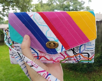 Flip Clutch Wallet, London Subway Print with Rainbow Patchwork; Holds Credit Cards, Cash, and Cell Phone, Closes with Twist Lock