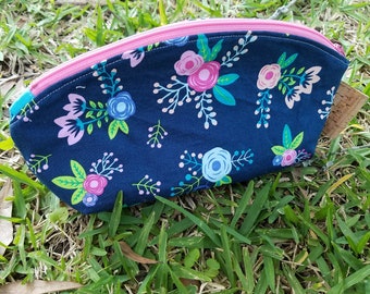 Zippered Petal Pouch, Large Size, Blue and Pink Floral Fabric, Knitting Project Bag