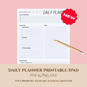 Planificador diario / A4 + Carta / Lista de tareas enfocada / Gratitud, estado de ánimo y revisión diaria / Imprimible / PDF + PNG / Compatible con iPad