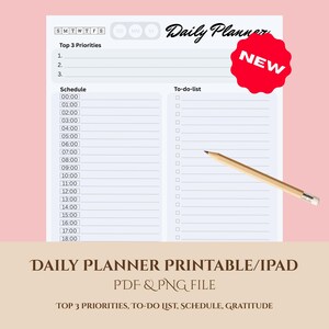Planificador diario / A4 + Carta EE. UU. / PDF + PNG / Incluye 3 prioridades principales, calendario, lista de tareas, estado de ánimo y gratitud / Compatible con iPad / Imprimible