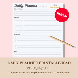 Planificador diario / Formato carta de EE. UU. / Incluye 3 prioridades principales, lista de tareas, cronograma, agradecimiento y revisión diaria / PDF + PNG / Compatible con iPad / Imprimible
