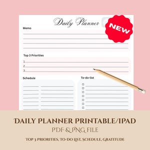 Planificador diario / Tamaño carta (EE. UU.) / Minimalista (PDF + PNG) / Incluye 3 prioridades principales, lista de tareas, cronograma y cuidado personal / Compatible con iPad / Imprimible
