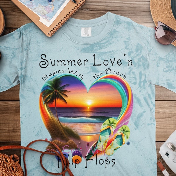 Summer Beach Sunset T-Shirt, Love Hearts Graphic Tee, Tropical Palm Flip Flop Design, Casual Vacation Apparel for Men and Women