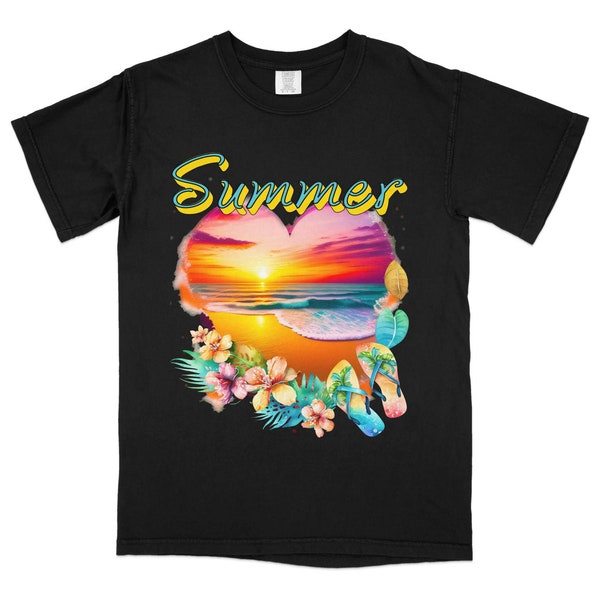 Summer Beach Sunset Heart T-Shirt, Tropical Graphic Tee, Vibrant Colors Ocean View Top, Casual Vacation Apparel, Floral and Flip-Flops