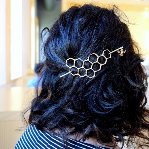 Honeycomb Hair Slide - Handmade in Brass with Bee, Original Rachel Pfeffer Design