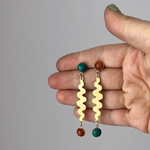 Handmade Squiggle Earrings with Chrysocolla and Goldstone in brass and 14k gold filled stud dangle party earrings image 2