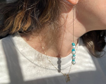 Handmade Turquoise and Pearl Chain Hoop Drop Earrings