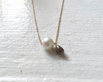 Handmade Pearl and Brown Diamond Drop Necklace on 14k gold chain