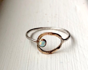 gold and silver oval opal ring handmade organic shape irregular open circle delicate ring