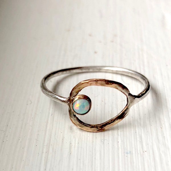 Handmade gold and silver oval opal ring handmade organic shape irregular open circle delicate ring