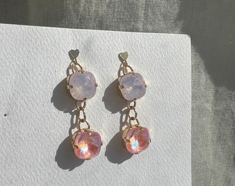 Handmade Pink and pale purple Crystal Heart Drop Earrings with Swarovski Crystals