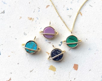 Gold Plated Saturn Pendant with Malachite, Black Druzy, Turquoise or Pink/purple Phosphosiderite