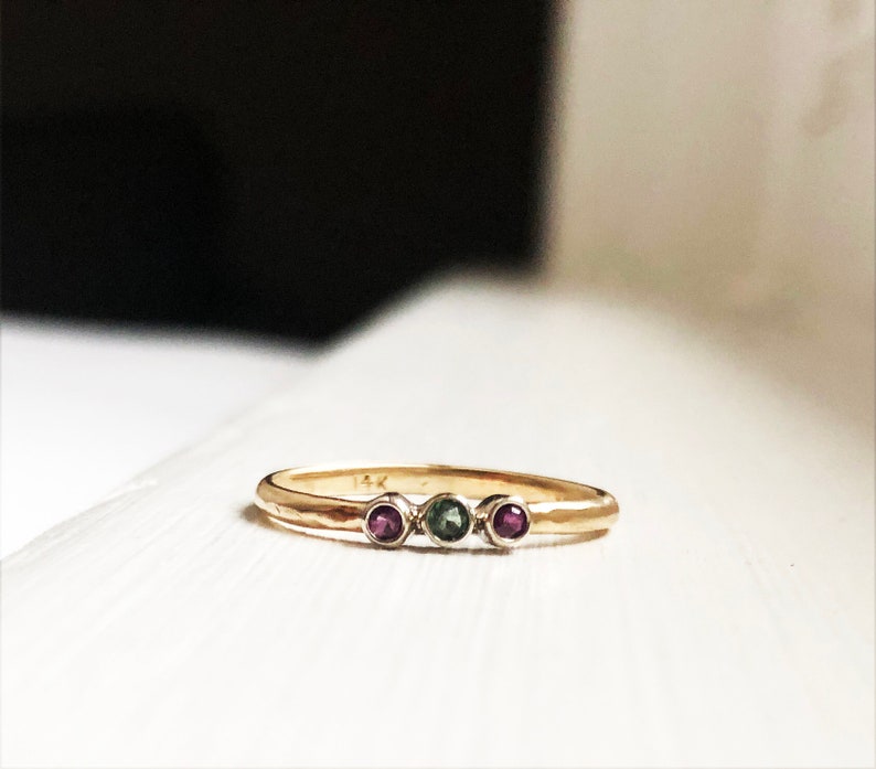 Tiny 2mm triple three stone bezel band ring ruby tourmaline two toned 14k white yellow gold